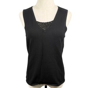 Pointelle Women L Tank Top Black Silk Blend Lace V-Neck Knit Shell Minimalist